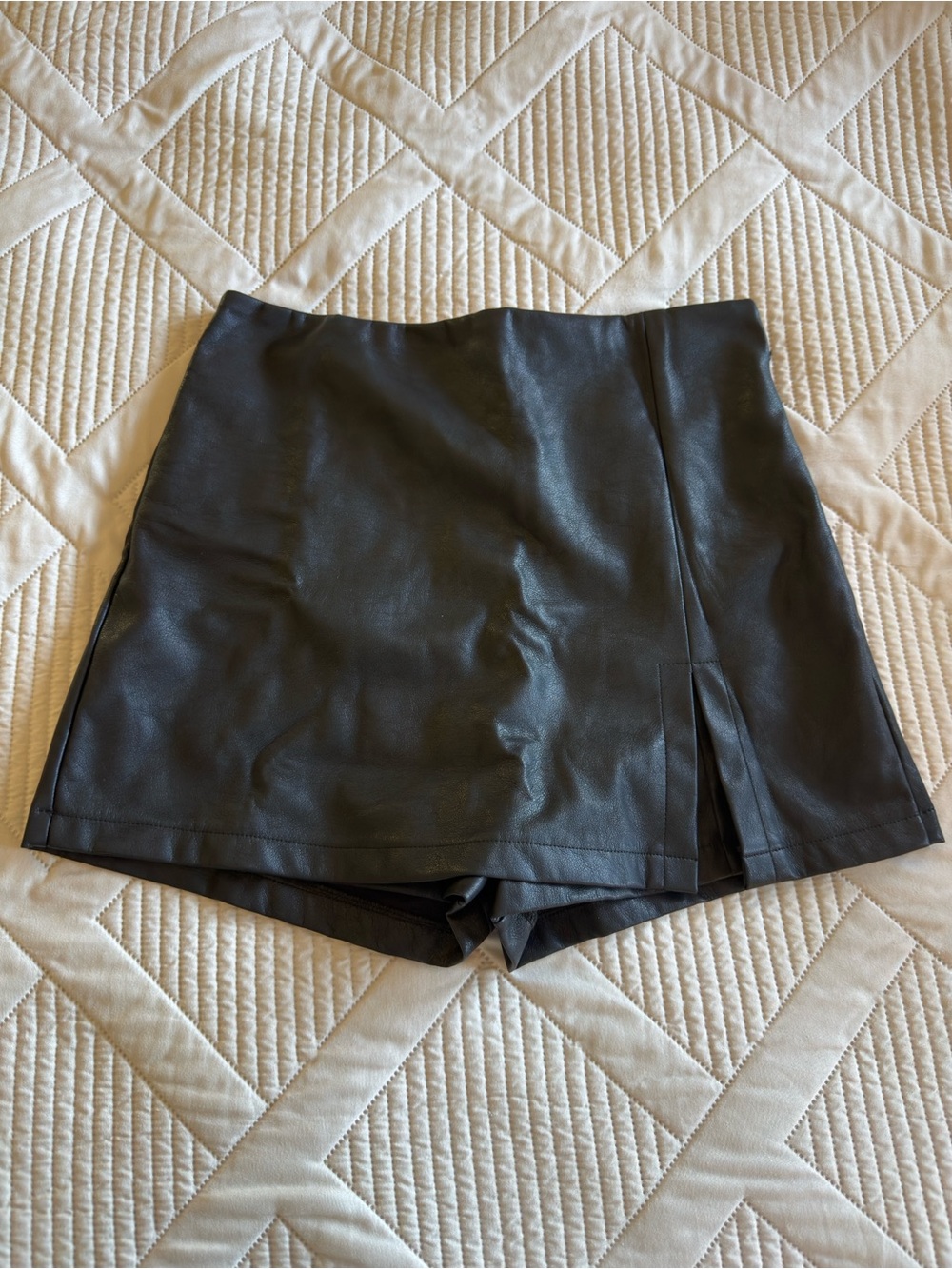 Women's Faux Leather Black Skort with Front Slit